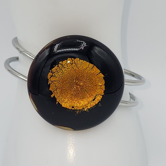 Murano Inspired Bracelet Art Glass Black & Gold Foil Statement Clamper 8 1/2" - Picture 7 of 7
